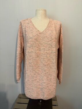Chico's V-Neck Sweater - pink primary color with multi color contrast.